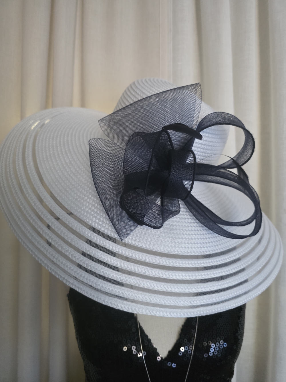 Wide Brim White Ladies Hat with Black Mesh Bow
